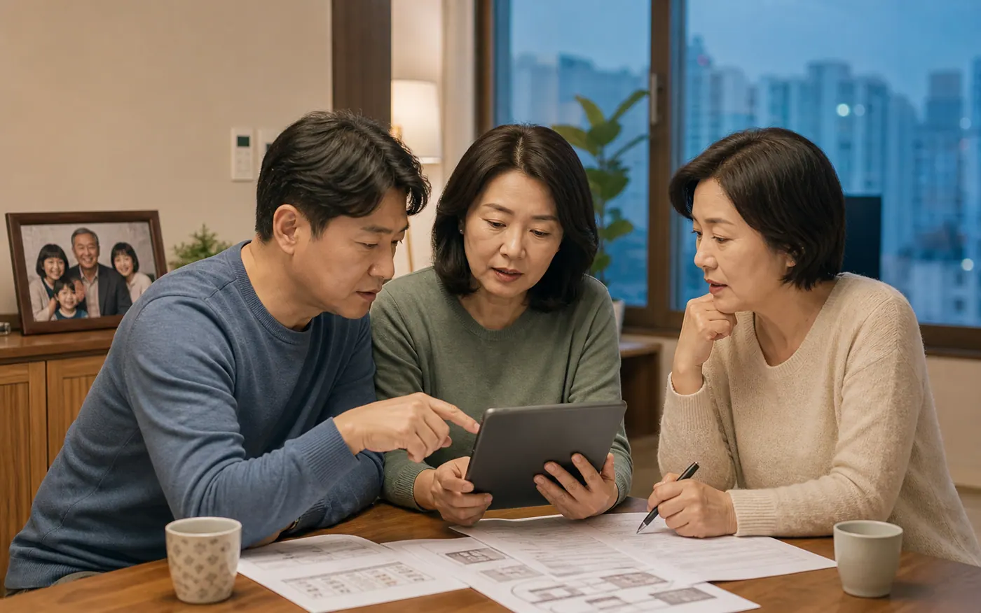 한국 가족이 식탁에서 요양시설 등급과 체크리스트를 함께 비교하는 모습